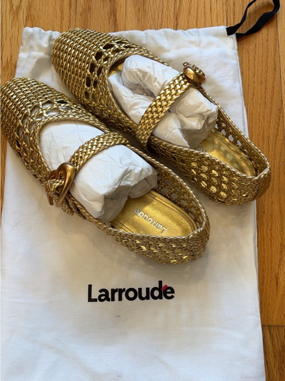 Larroude Metallic Gold Braided Mary Jane Flats